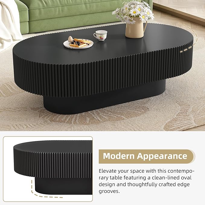 43.3" Oval Fluted Coffee Table Modern Elegant Drum End Table, Minimalist Center Table 7.8" Thick Tabletop with Sturdy Base for Living Room, Bedroom, Apartment,Easy Assembly, Black