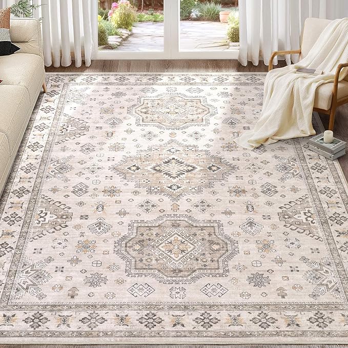 Washable Area Rugs for Living Room - 7x9 Neutral Vintage Distressed Floral Farmhouse Boho Large Soft Floor Rug Indoor Non Slip Carpet for Living Room Bedroom Dining Room Office - Beige Brown