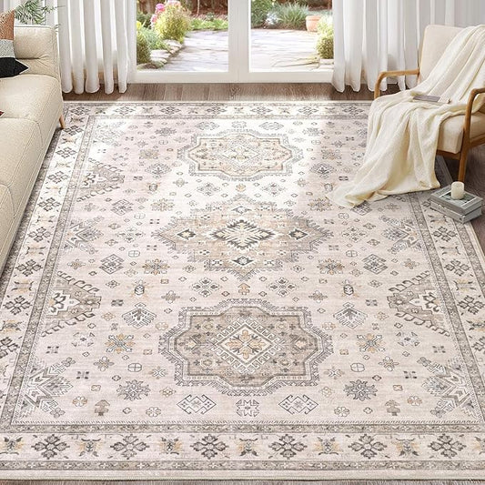Washable Area Rugs for Living Room -9x12 Neutral Vintage Distressed Floral Farmhouse Boho Large Soft Floor Rug Indoor Non Slip Carpet for Living Room Bedroom Dining Room Office -Beige Brown