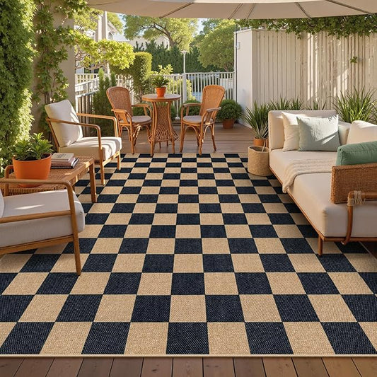 Lahome Checkered Easy Jute Rug, 9x12 Area Rug for Living Room Indoor Outdoor Carpet, Farmhouse Neutral Non Slip Non Shedding Stain Resistance Floor Carpet for Patio Dining Room Backyard
