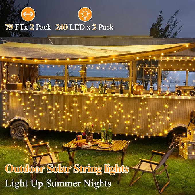 2 Pack Solar String Lights Total 480LED 158FT, IP67 Waterproof String Lights for Outside with 8 Modes, Upgraded Solar Panel Fairy Lights for Garden Party Wedding Decorations (Warm White)