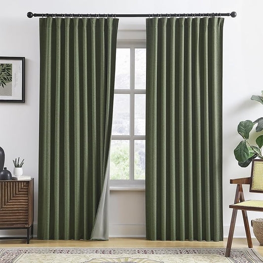 RAIN CITY 90 Inch Long Linen Blackout Curtains 2 Panels Set, Back Tab Pinch Pleated with Hooks, Thermal Insulated Modern Neutral Decor Window Curtain Drapes for Bedroom,- Loden/Olive Forest W50 x L90