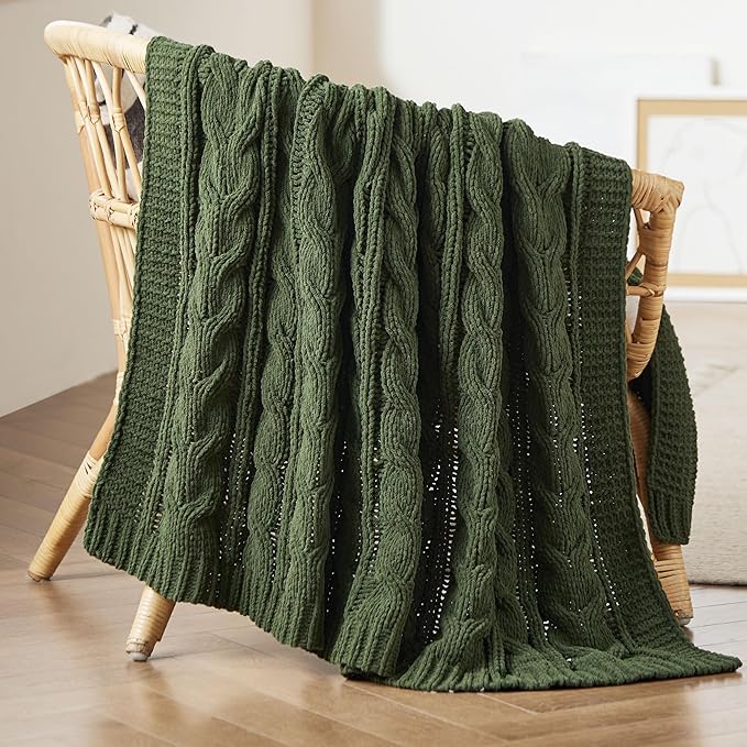 Bedsure Cable Knit Twin Blanket for Couch Bed - Breathable Chenille Chunky Knit Twin Blanket for Decorative Gift, GentleSoft Cozy and Warm for Winter and All Seasons, Green, 60x80 Inches