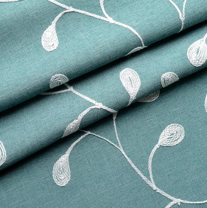 MIUCO Floral Embroidery Semi Sheers Curtain Faux Linen Grommet Window Curtains for Bedroom 52 x 95 Inch 2 Panels, Teal