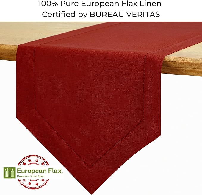 D'Moksha Homes Red Linen Table Runner 120 Inches Long - 100% Pure Linen Diamond Table Runner 14 x 120 Inch for Dining, Fall and Halloween - Machine Washable