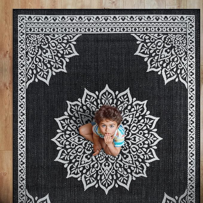CAMILSON Outdoor Rug, 8x10 Medallion Black White Modern Area Rugs for Indoor and Outdoor Patios, Kitchen and Hallway Mats, Washable Porch Deck Outside Carpet (Medallion Black, 8 x 10)