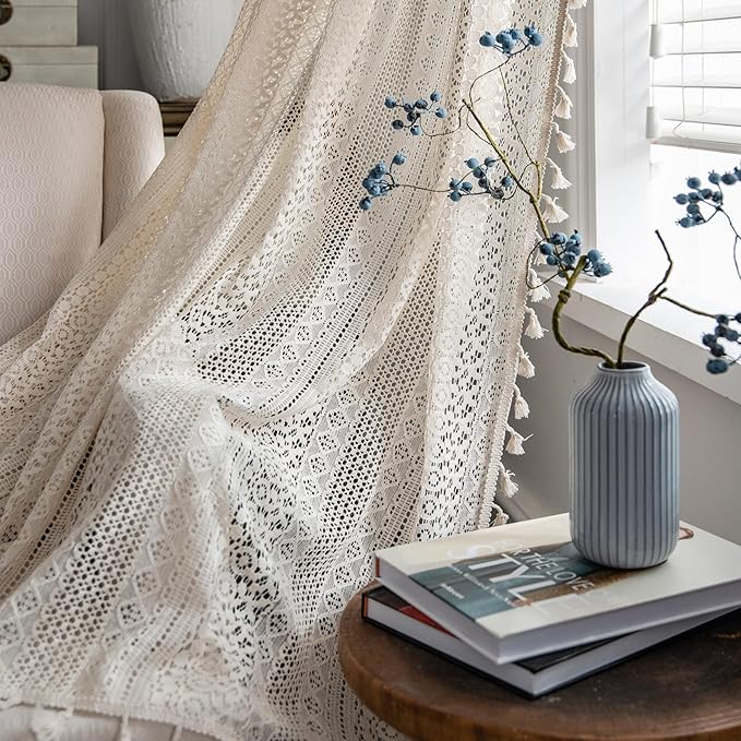 Sutuo Home Beige Boho Curtains Crochet Lace Semi-Sheer Bohemian Hollow Knitted Handmade Tassels, Rod Pocket Window Treatment Vintage Rustic Farmhouse Drapes for Glass Slide Door, 1 Panel 59" W x 90" L
