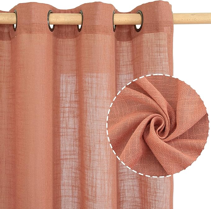 LAMIT Light Filtering Linen Curtains 54 inches Long for Bedroom, Linen Textured Semi Sheer Bronze Grommet Boho Drapes for Living Room, Terracotta, 2 Panels, 52 x 54 Inch