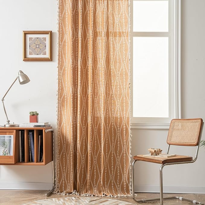 Sutuo Home Boho Curtains for Bedroom Dining Room 96 Inches Long, Printed Cotton Linen Rod Pocket Vintage Farmhouse Bohemian Tassels Window Treatment, 1 Panel 59" W x 96" L, Terracotta Stripe Florals