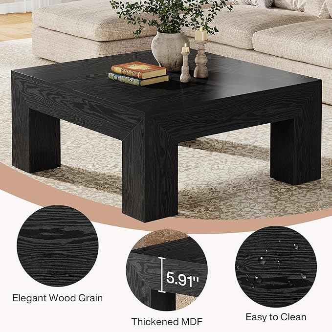 Tribesigns 39.4-Inch Square Coffee Table for Living Room, Farmhouse All MDF Accent Center Cocktail Table with Sturdy Wooden Legs, Easy Assembly, Black