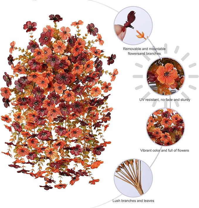 INSPRING Fake Autumn Flowers for Outdoors, 2Pcs Artificial Fall Light Orange & Brown Daisy Outside Decor, Fake Hanging Decoration, Realistic Plants, Silk Flower for Porch Patio Balcony Planter