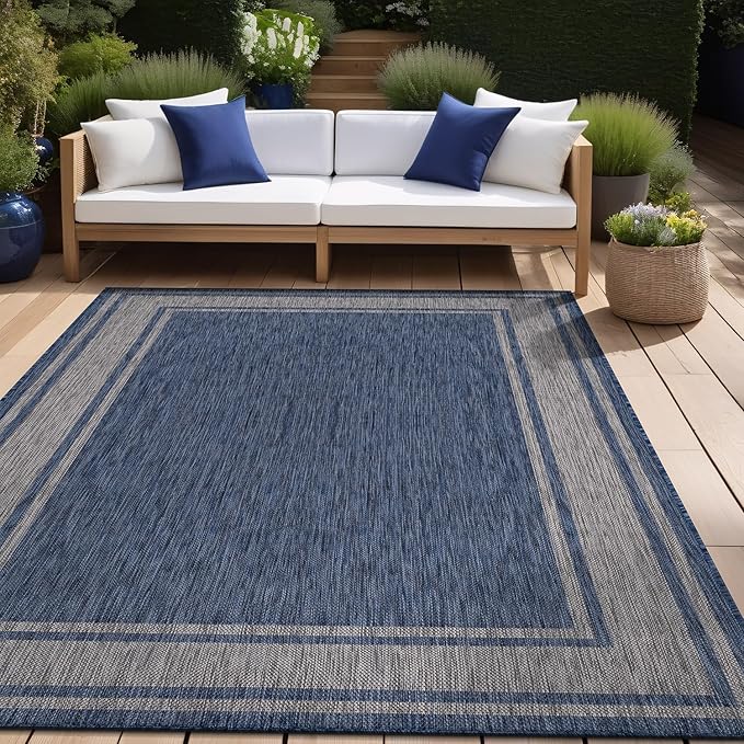 Beverly Rug Large Outdoor Rug 9x12 Modern Bordered Area Rugs for Indoor and Outdoor Patio Deck Porch Garden Waterproof Weather Sun Resistant Washable Outside Carpet (9 x 12 Navy)