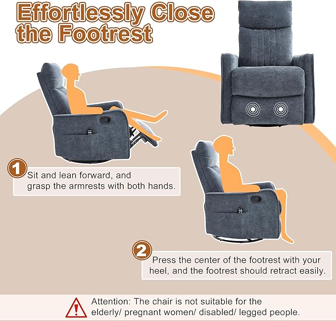 Manual Swivel Rocker Recliner Chair for Adults, Overstuffed Reclining Glider Chair for Nursing with Vibration Massage & Heat, Living Room Rocking Recliner 2-Stage backrest, Chenille Fabric Blue
