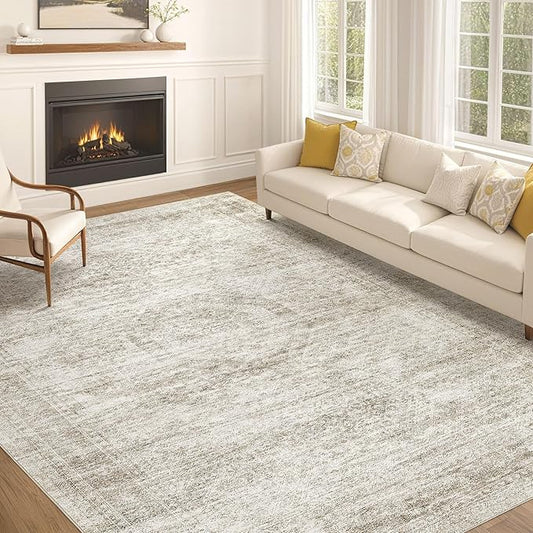 Washable Area Rugs for Living Room -10x12 Neutral Vintage Distressed Floral Farmhouse Boho Large Soft Floor Rug Indoor Non Slip Carpet for Living Room Bedroom Dining Room Office - Beige