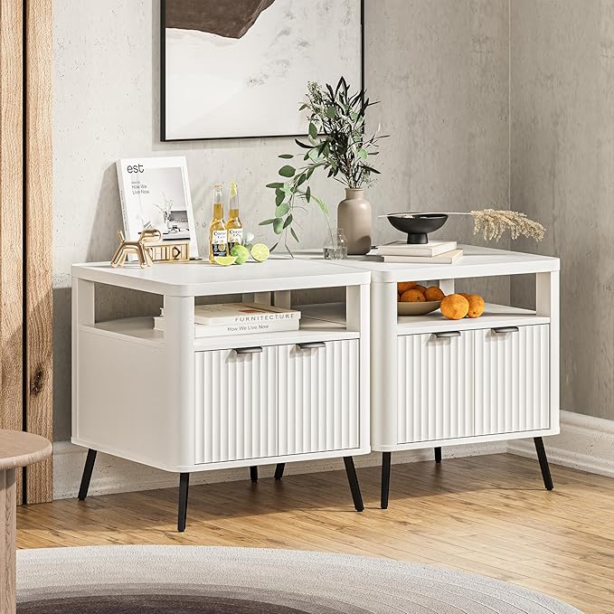 Nightstand with Charging Station, 24" End Table Side Table with Open Shelf, Modern Large Wood Fluted Bedside Cabinet for Bedroom, Living Room, White