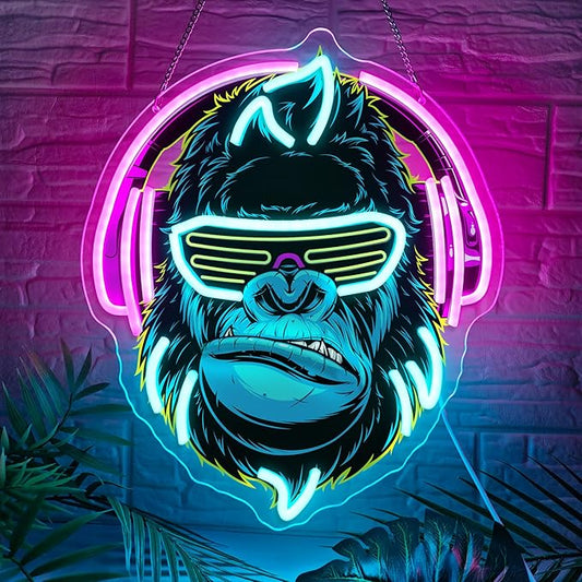 Headphones Gorilla Neon Sign Dimmable Kong Led Neon Light for Wall Decor,Game Room,Man Cave,Home Party Bar Decor,USB Powered Led Sign
