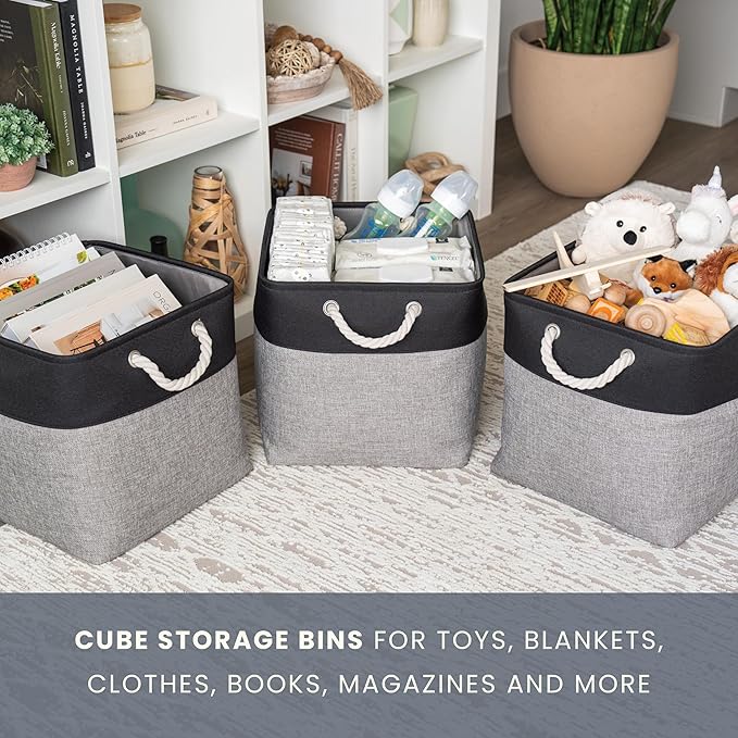 OrganiHaus 13x13 Cube Storage Bins 4 Pack, Foldable Cube Storage Organizer w/ Rope Handles, Collapsible Fabric Bins for Toys, Clothes & Closet Organization, Fabric Square Baskets - Gray/Black