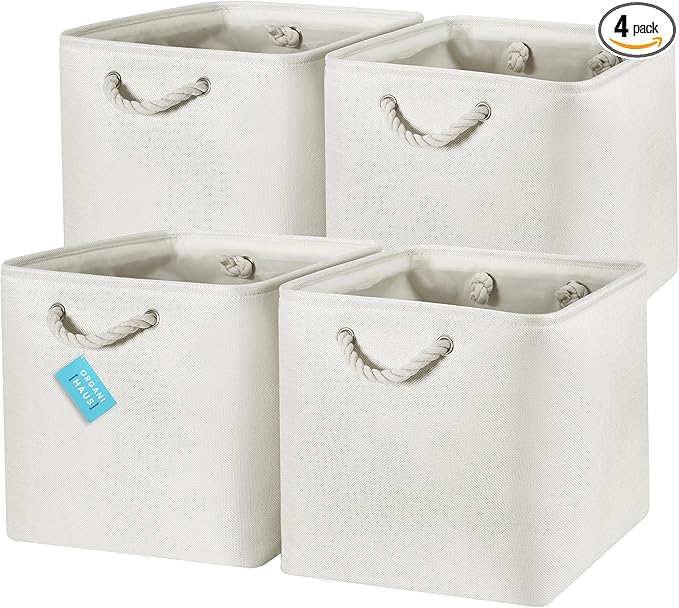 OrganiHaus 13x13 Cube Storage Bins 4 Pack, Foldable Cube Storage Organizer w/ Rope Handles, Collapsible Fabric Bins for Toys, Clothes & Closet Organization, Fabric Square Baskets - Off-White