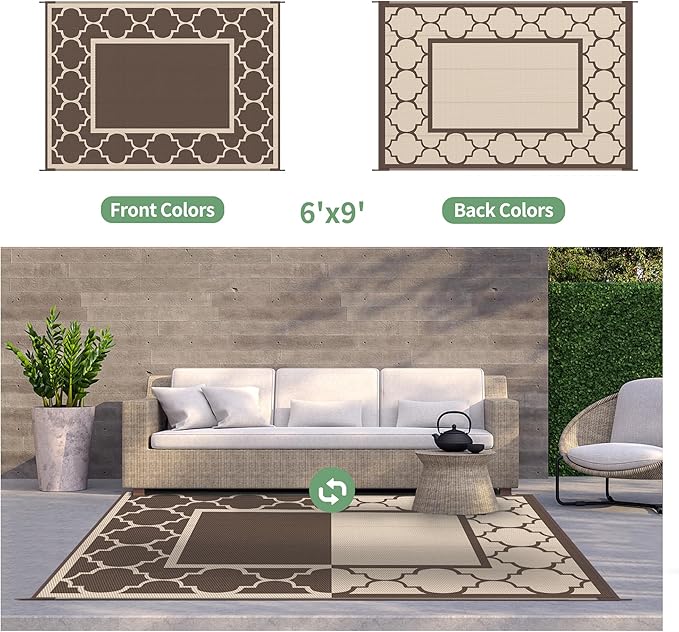 GENIMO 6' x 9' Outdoor Rug Waterproof for Patio Decor, Foldable Reversible Plastic Straw Area Rugs Mat for Camper, Outside Carpet for Rv, Deck, Porch, Picnic, Beach, Balcony, Coffee & Beige