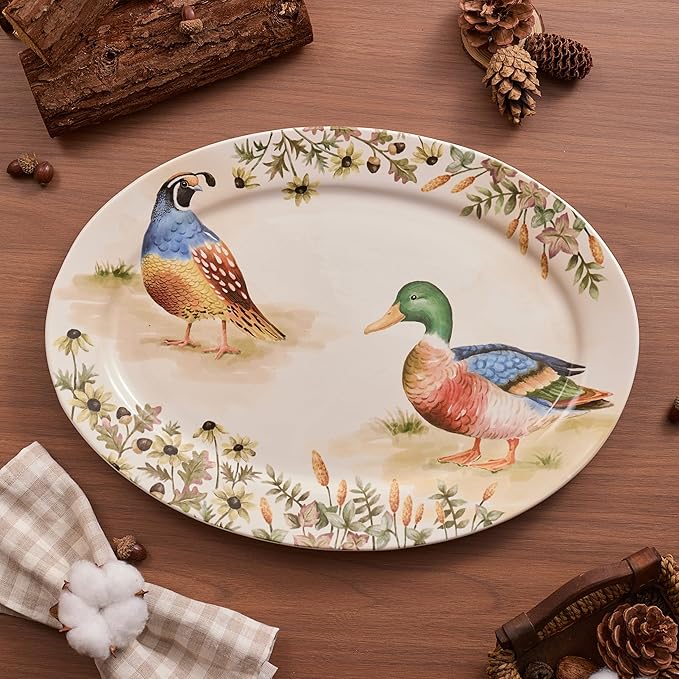 Bico Autumn Birds 16 plus 14 inch Oval Platters Set, Set of 2, Microwave and Dishwasher Safe, for Serving Fish, Chicken, Turkey