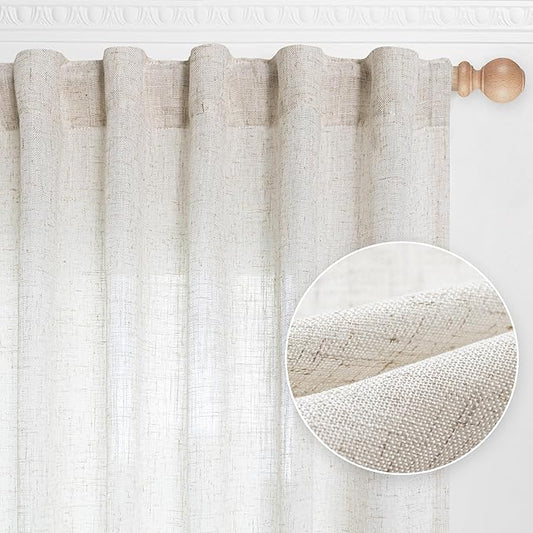 MYSKY HOME Farmhouse Kitchen Curtains 54 inches Long, Boho Curtain Panels Farmhouse Style Flax Linen Polyester Blend Texture for Home Decor, Light Soften Privacy Drapes, Linen, Pack-2