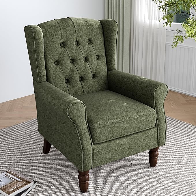 Lumibee High Back Accent Chair,Upholstered Wingback Armchair with Solid Wood Legs for Small Spaces,Comfy Single Sofa Chair for Living Room,Bedroom,Office-Green