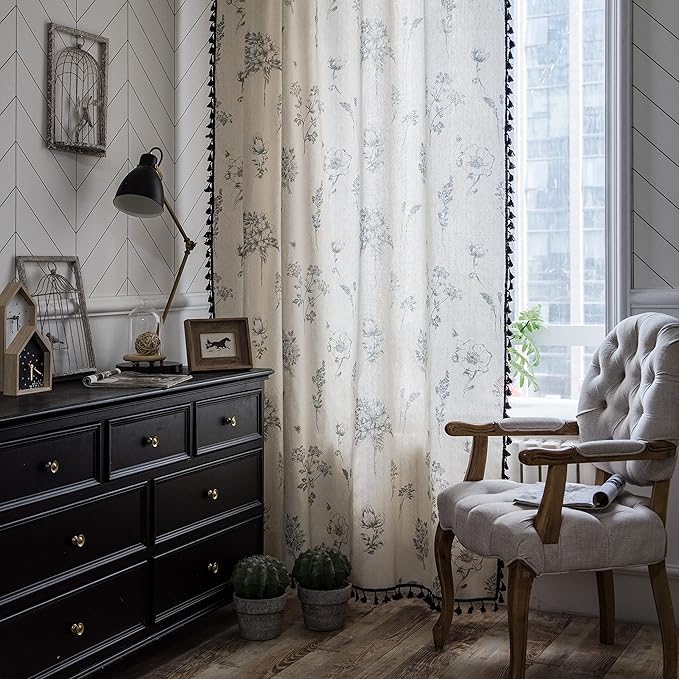 Sutuo Home Boho Curtain with Handmade Tassels, Rod Pocket Window Treatment Vintage Rustic Bohemian French Farmhouse Semi-Blackout Print Drape for Bedroom, 1 Panel 59" W x 84" L,Grey Floral