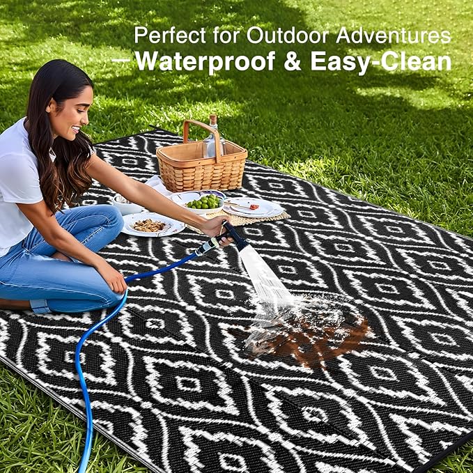 OLANLY Outdoor Rug 6x9 ft Waterproof, Outdoor Plastic Straw Rug with Geometric Pattern Clearance, Reversible RV Mat for Patio, Camping, Balcony, Deck, Backyard, Black & White