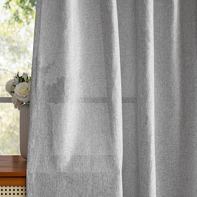 MYSKY HOME 90 Inches Long Living Room Curtains 2 Panels Boho Semi Sheers Light Filtering for Bedroom Windows, Linen Look Texture Soft Touch Country Back Tab, 50" Wide x 90" Long, Dove Grey, 2 Panels