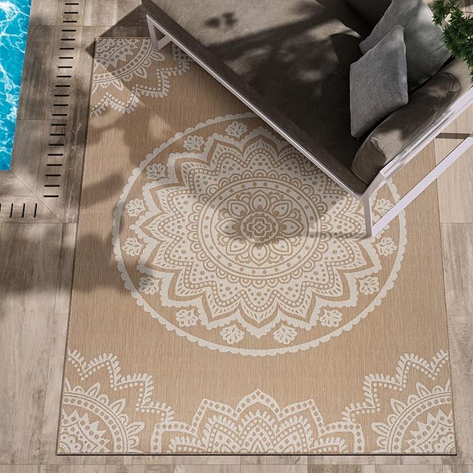 CAMILSON Outdoor Rug 8x10 Modern Area Rugs for Indoor and Outdoor Patios and Porches - Waterproof, Washable, Non-Shedding, Easy-to-Clean Outside Carpet (8 x 10, Medallion - Beige/White)