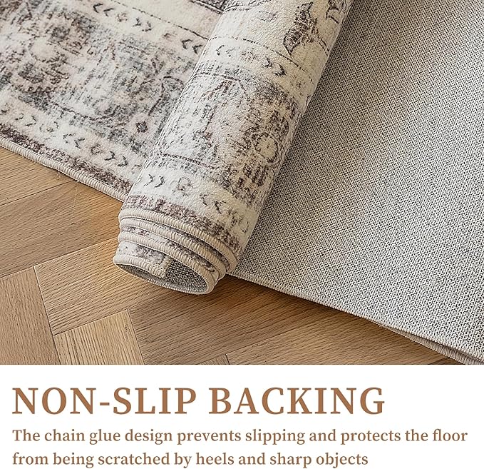 6'x9' Area Rug - Vintage Persian Medallion Design Low-Pile Faux Wool Rug, Non-Slip Backing, Machine Washable, for Living Room, Dining Room, Bedroom (Cream/Taupe)