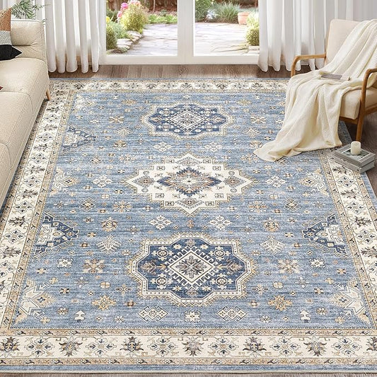 Washable Area Rugs for Living Room -10x14 Neutral Vintage Distressed Floral Farmhouse Boho Large Soft Floor Rug Indoor Non Slip Carpet for Living Room Bedroom Dining Room Office - Blue
