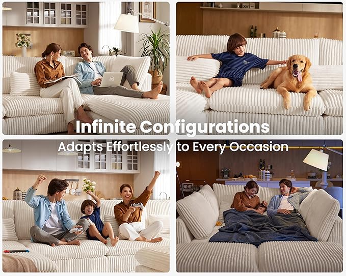 Oversized Modular Sofa, Extra Deep Cloud Corduroy Sectional Couch with Ottoman Chaise, Fluffy Chenille 8 Seater Couch Bed for Living Room, Villa (Sofa Bed 8 Seater, Corduroy White)