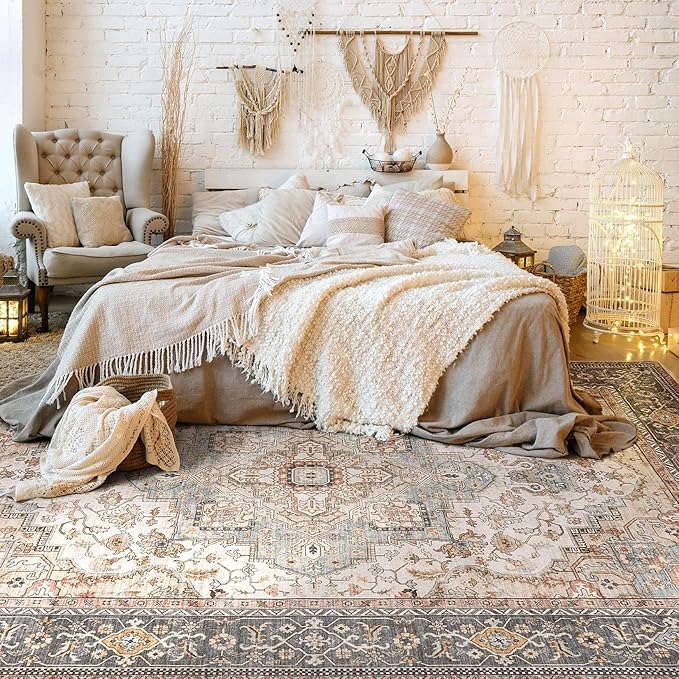 Washable Area Rugs for Living Room - 7x9 Neutral Vintage Distressed Floral Farmhouse Boho Large Soft Floor Rug Indoor Non Slip Carpet for Living Room Bedroom Dining Room Office - Forest Green Orange