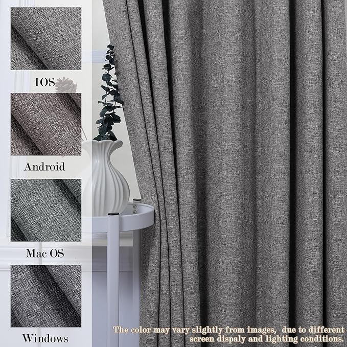 Extra Wide 100% Blackout Linen Textured Curtains - Room Dividers, W200 x L96 (1 Panel), Pinch Pleat Drapes for Living Room, Full Light Block Out Drapery for Sliding Door, Gray