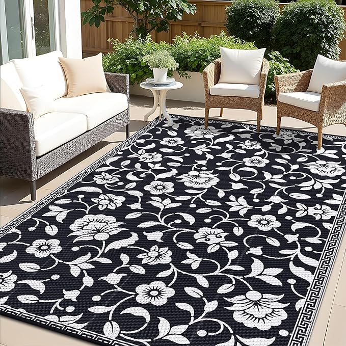 OLANLY Waterproof Outdoor Rug 6x9 ft, Outdoor Plastic Straw Rug with Flower Pattern, Reversible RV Mat for Patio, Camping, Balcony, Deck, Backyard, Black & White