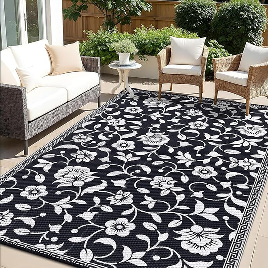 OLANLY Waterproof Outdoor Rug 6x9 ft, Outdoor Plastic Straw Rug with Flower Pattern, Reversible RV Mat for Patio, Camping, Balcony, Deck, Backyard, Black & White