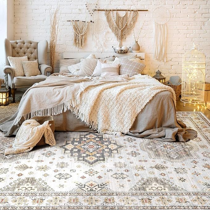 Washable Area Rugs for Living Room -9x12 Neutral Vintage Distressed Floral Farmhouse Boho Large Soft Floor Rug Indoor Non Slip Carpet for Living Room Bedroom Dining Room Office - Blue Brown