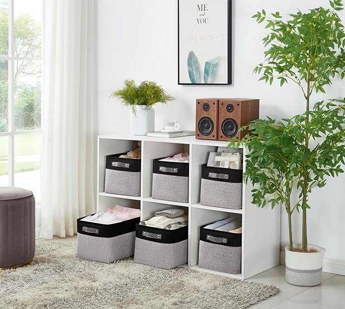 DECOMOMO Storage Baskets for Shelves - Fabric Closet Organizers and Storage Bins, Perfect Baskets for Organizing Closet Toys Nursery (Grey and Black, Large - 3 Pack)