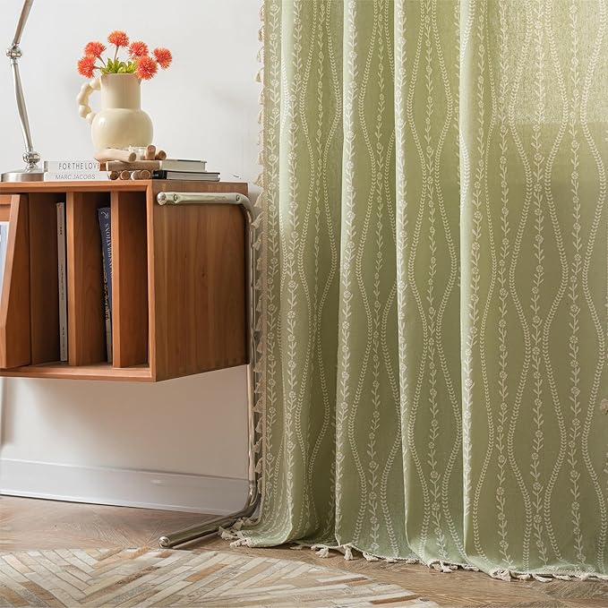 Sutuo Home Green Boho Curtains 84 Inches Long for Bedroom Living Room Dining Room, Bohemian Stripe Floral Vintage Tassels Window Treatment Drape for Easter Decor Rod Pocket, 1 Panel 59" W x 84" L
