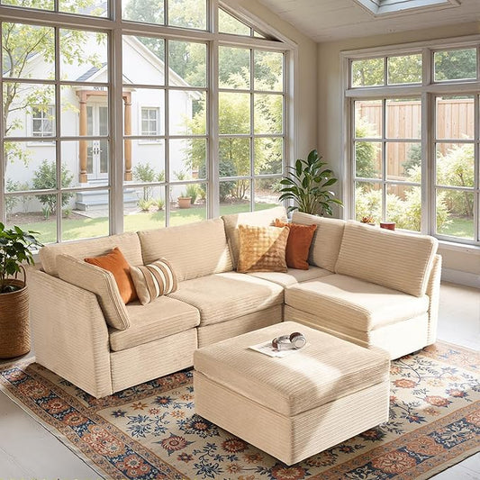 Modular Sectional Sofa, 130.7" L Shaped Couch Set for Living Room, 4-Seater Comfy Cloud Couches with Movable Ottoman, DIY Combination, Plush Corduroy, Beige