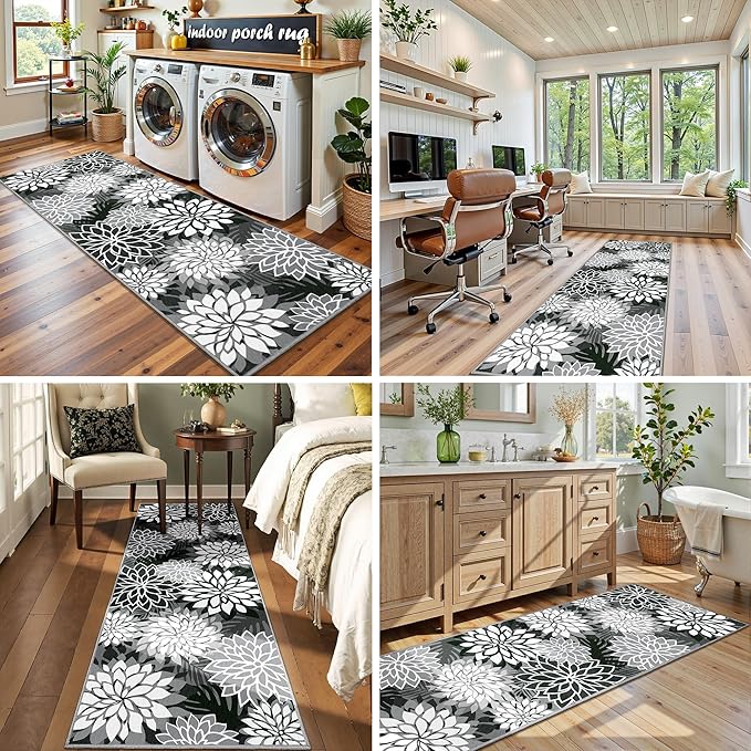 Area Rug 2x6 Black White Washable Entry Rug Multicolored Tropical Botanical Modern Floral Indoor Kitchen Door Mat Entrance Carpet Non Slip for Bedroom Living Room, Porch
