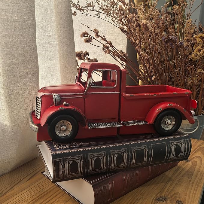 Decorative Book Ends Vintage Bookends: Metal Truck Book Stopper for Heavy Books - Farmhouse Decor for Shelf Table Coffee Bar Office Home - Gift for Adults Men Teen (Vintage Red)