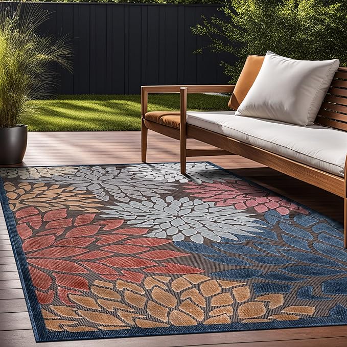 Beverly Rug Outdoor Rug 9x12 Large Modern Floral Tropical Area Rugs for Indoor and Outdoor Patio Easy to Clean Non Shedding Living Room Porch Garden Washable Outside Carpet (9 x 12 Brown)