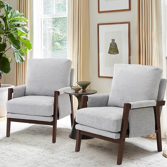 Modern Accent Chairs Set of 2 for Living Room Mid Century Arm Chairs Upholstered Bedroom Chairs Comfy Lounge Chairs with Solid Wood Frame, White