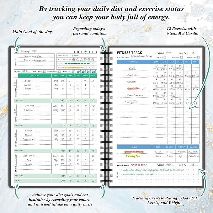 Wellness Planner & Fitness Log - Daily Diet & Health Journal with Weight Loss, Wellness Journal Notebook for Tracking Fitness, Sleep, Nutrition, Meal, Habits, A5(5.8 x 8.6 inch) (Black Silvery)
