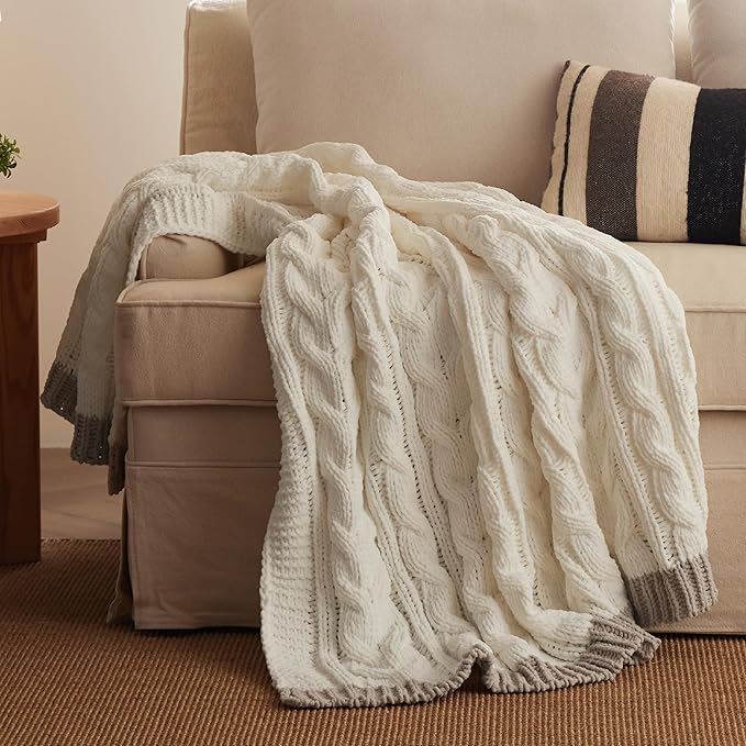 Bedsure Cable Knit Throw Blanket for Couch Bed - Breathable Chenille Chunky Knit Throw Blanket for Decorative Gift, GentleSoft Cozy and Warm for Winter and All Seasons, Cream, 50x60 Inches
