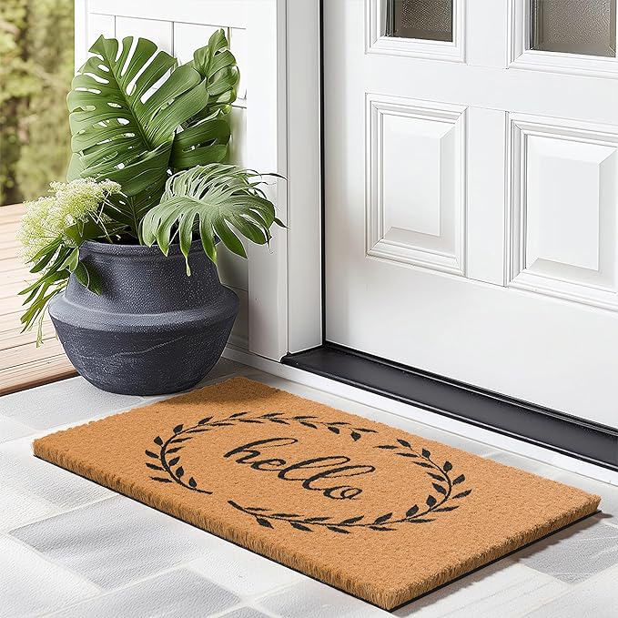 Barnyard Designs Natural Coco Coir Heavy Duty Backing Doormat - Large Cute Non-Slip Front Door Welcome Mat for Outside Entrance or Porch Entry, Brown (17x30, Hello Wreath)