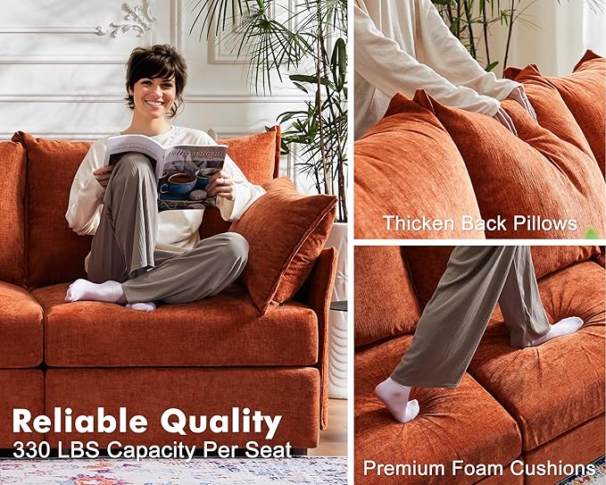 Oversized Loveseat Sofa, Modern Modular Sectional Couch Terracotta Orange Fluffy Chenille Mid Century 2-Seat 24.5" Deep Seat for Apartment, Living Room, Bedroom