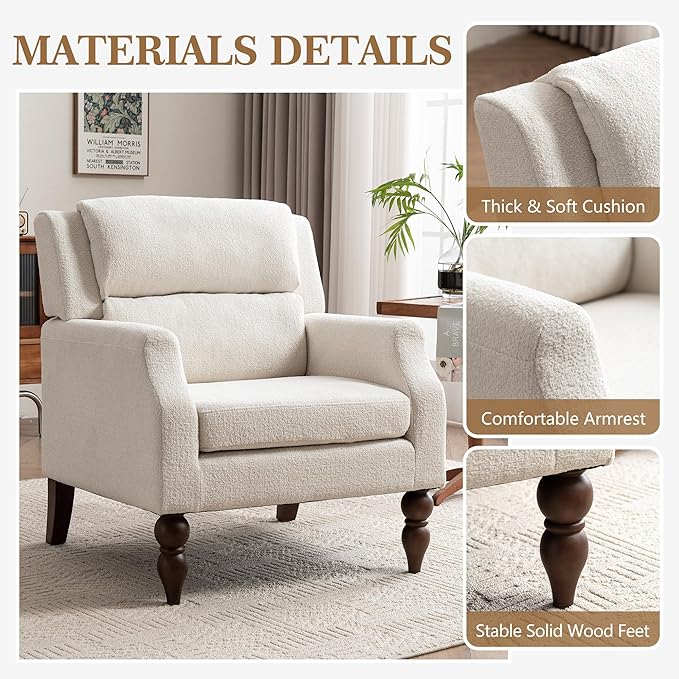 Kidol & Shellder White Oversized Accent Chair for Living Room Mid Century Modern Reading Chair with Back Wide Upholstered Comfy Single Sofa Chair for Bedroom Lounge Side Corner Chair Fabric Armchair